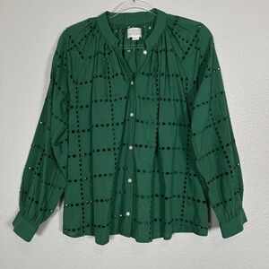 Trovata size M Mena blouse emerald green eyelet long sleeve cotton button front